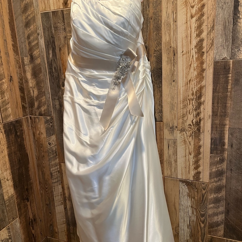 David's Bridal Ivory Satin Strapless Gown with Champagne Ribbon